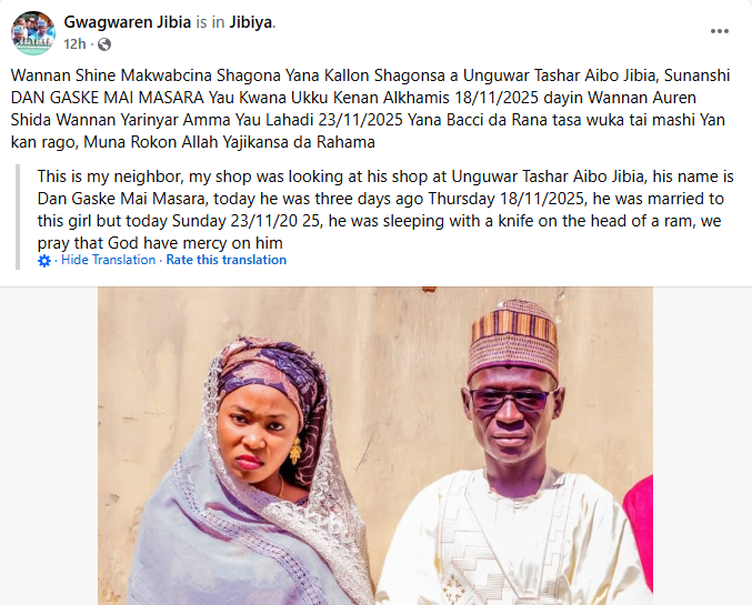 Wife Allegedly Stabs Husband To Death Three Days After Their Wedding In Katsina