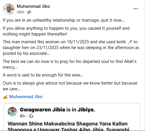 Wife Allegedly Stabs Husband To Death Three Days After Their Wedding In Katsina